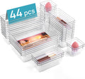 44 PCS Clear Plastic Drawer Organizers Set, 4-Size Versatile Bathroom and Vanity Organizer Trays, Non-Slip Storage