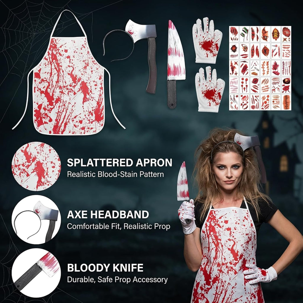 Butcher Costume Set, Scary Halloween Costumes with Apron and Props