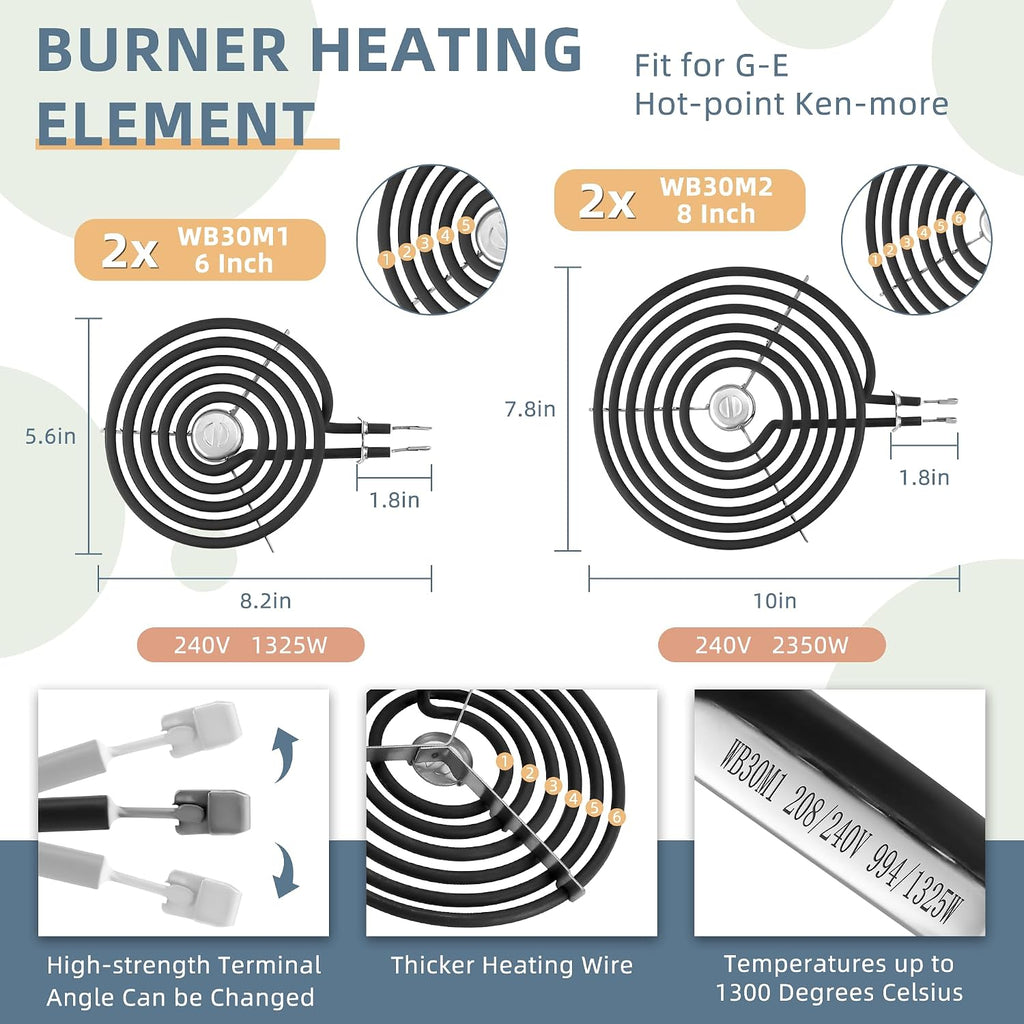 WB30M1 WB30M2 Electric Stove Burners & WB17T10006 Terminal Block Kit & WB31M19 WB31M20 Black Porcelain Burner Drip Pans Set Fit for G-E Ken-More Hot-Point Electric Range Burner Set by Fetechmate