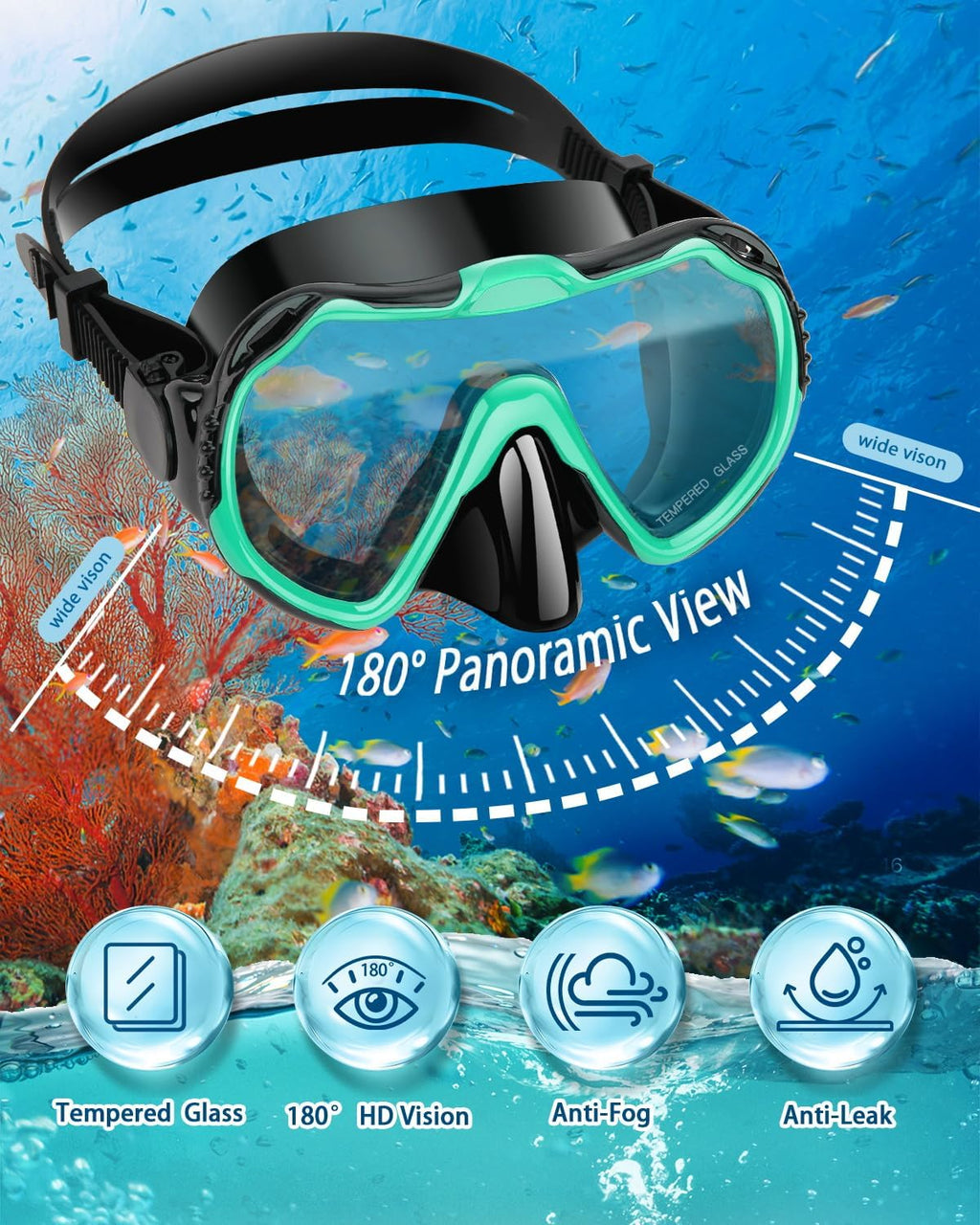 Snorkeling Gear for Adults, Adult Snorkel Set with Panoramic Anti-Leak and Anti-Fog Tempered Glass Snorkel Mask, Dry