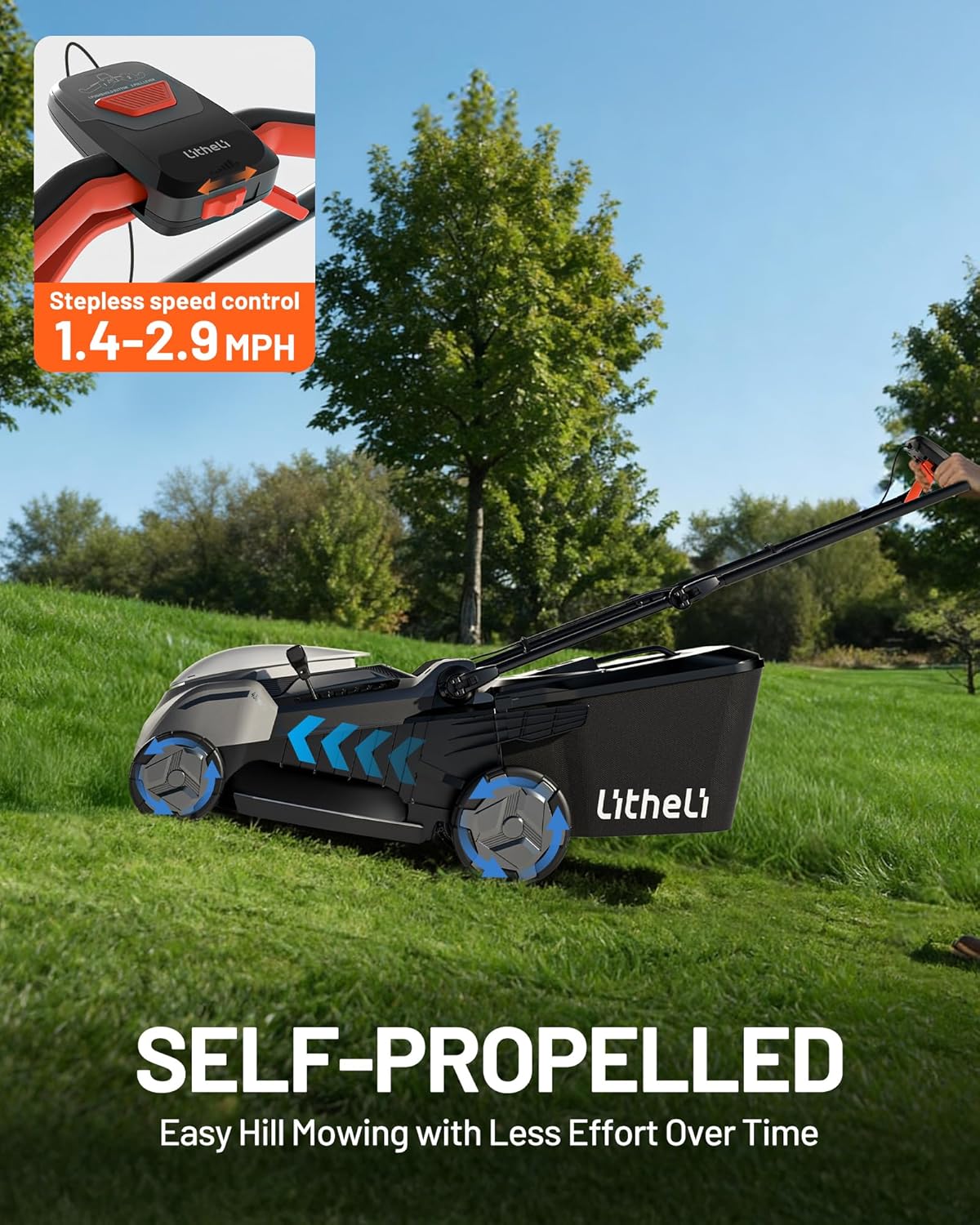18" Self-Propelled Lawn Mower, 40V Battery Lawn Mower(2 x 5.0Ah), Push Mower with Brushless Motor, 2-in-1 Mulching &