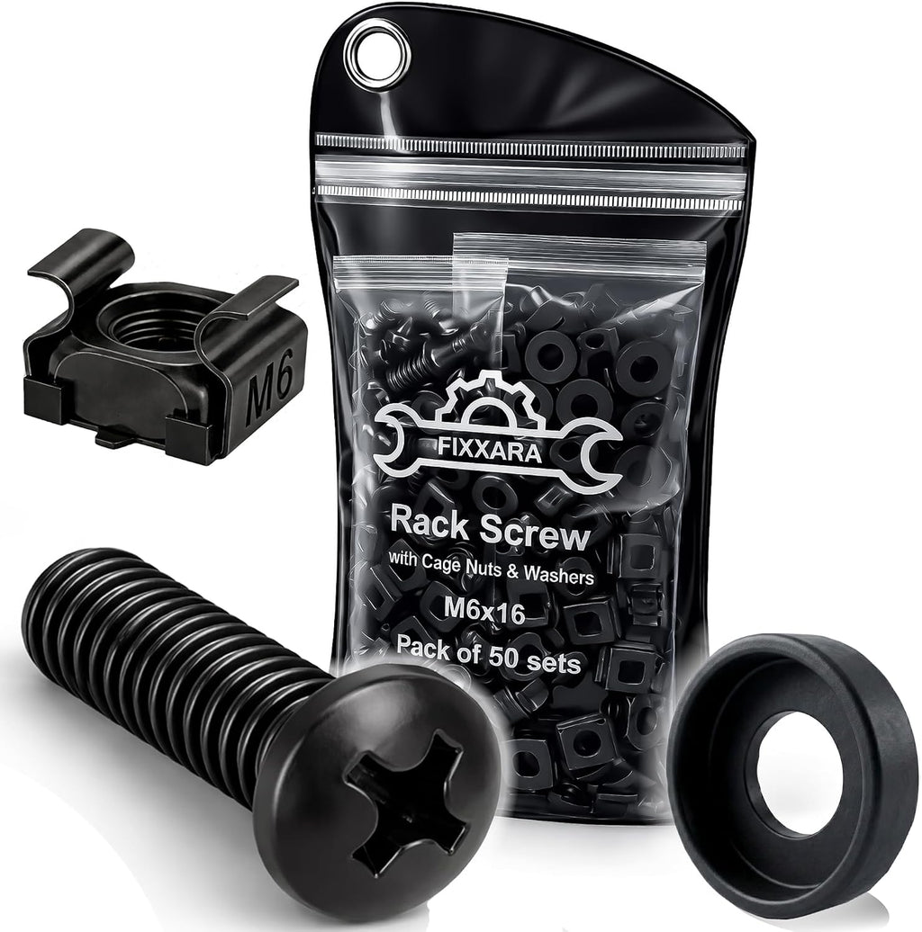 M6x16 Rack Mount Screws, Steel Cage Nuts & Nylon Washers, 50-Pack