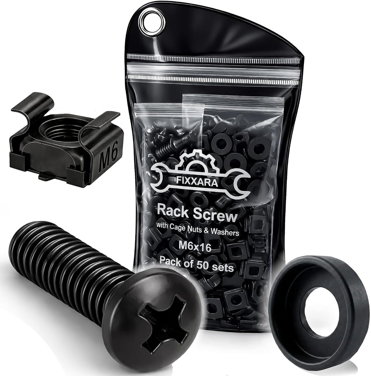 M6x16 Rack Mount Screws, Steel Cage Nuts & Nylon Washers, 50-Pack