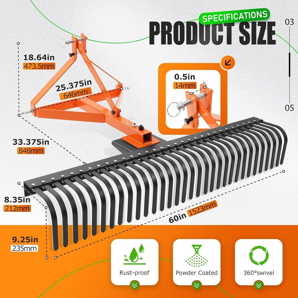 60 in Landscape Rake, 3 Point Rake Compatible with Category-1 Tractor, 360 Degree Rotation Tow-Behind Garden Tool for
