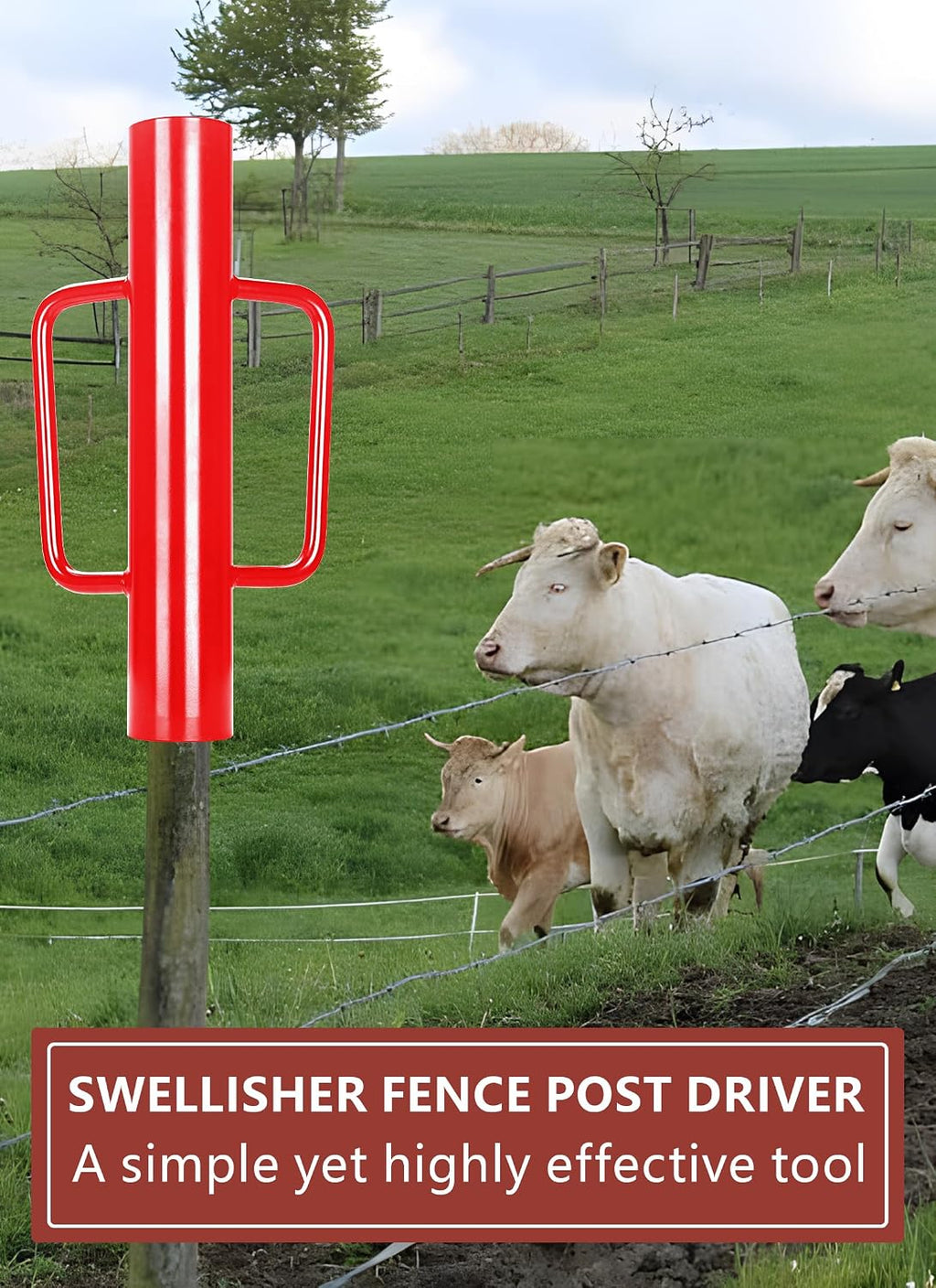 Fence Post Driver, Heavy Duty T Post Driver with Handles, Time Saving and Heavy Duty Black Pole Driver, Red, 12lb