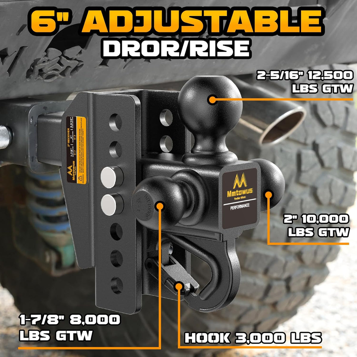 Adjustable Trailer Hitch - Drop Hitch Fit 2" Receiver -6" Drop/Rise