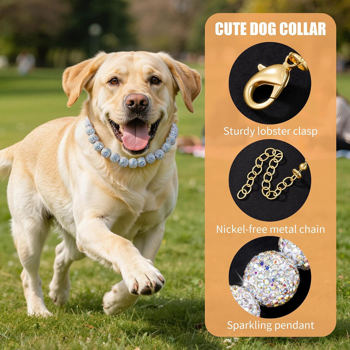 Diamond Beaded Dog Collar, Sparkling Crystal Pet Necklace Collar with Adjustable Chain, Luxury Diamond Collar for