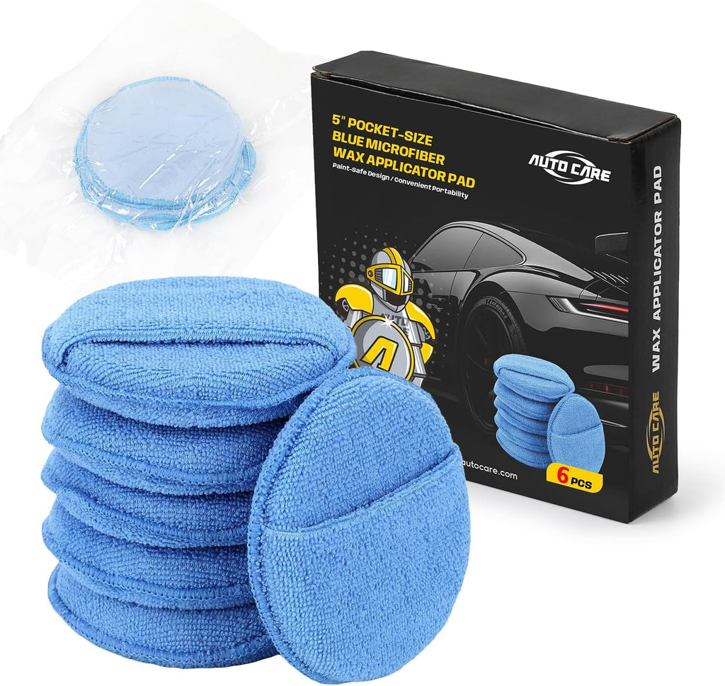 Microfiber Wax Applicator Pad, 5" 6 Pack Blue with Finger Pocket for Cars Trucks Motorcycles