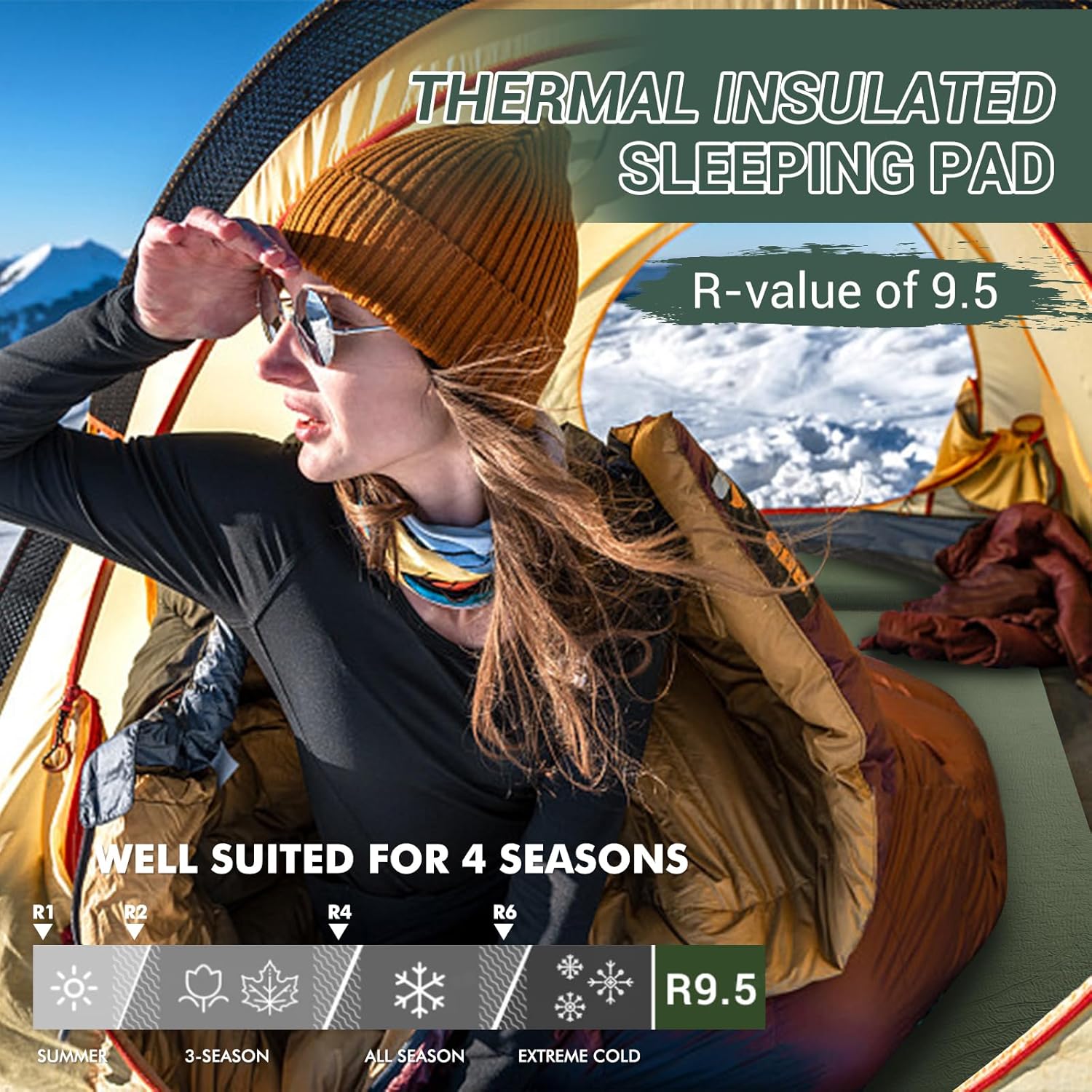 Self Inflating Sleeping Pad with Pillow 26D Memory Foam 3.15" | CumbreX Insulated Camping Mattress Pad, Fast