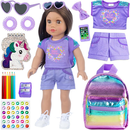 18 Inch Girl Doll Clothes and Accessories School Supplies Playset with Clothes Set, School Bags, Sunglasses, Pencils