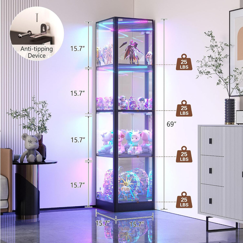 Corner Display Cabinet with Glass Doors & RGB Lights | 68" Tall, Human Sensor Lights, 4-Tier, Display Case for