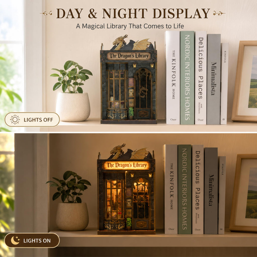 Dragon Library Book Nook Kit, DIY Dollhouse Booknook Bookshelf Decor