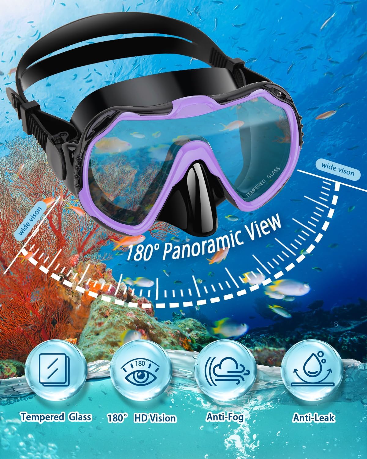 Snorkeling Gear for Adults, Adult Snorkel Set with Panoramic Anti-Leak and Anti-Fog Tempered Glass Snorkel Mask, Dry