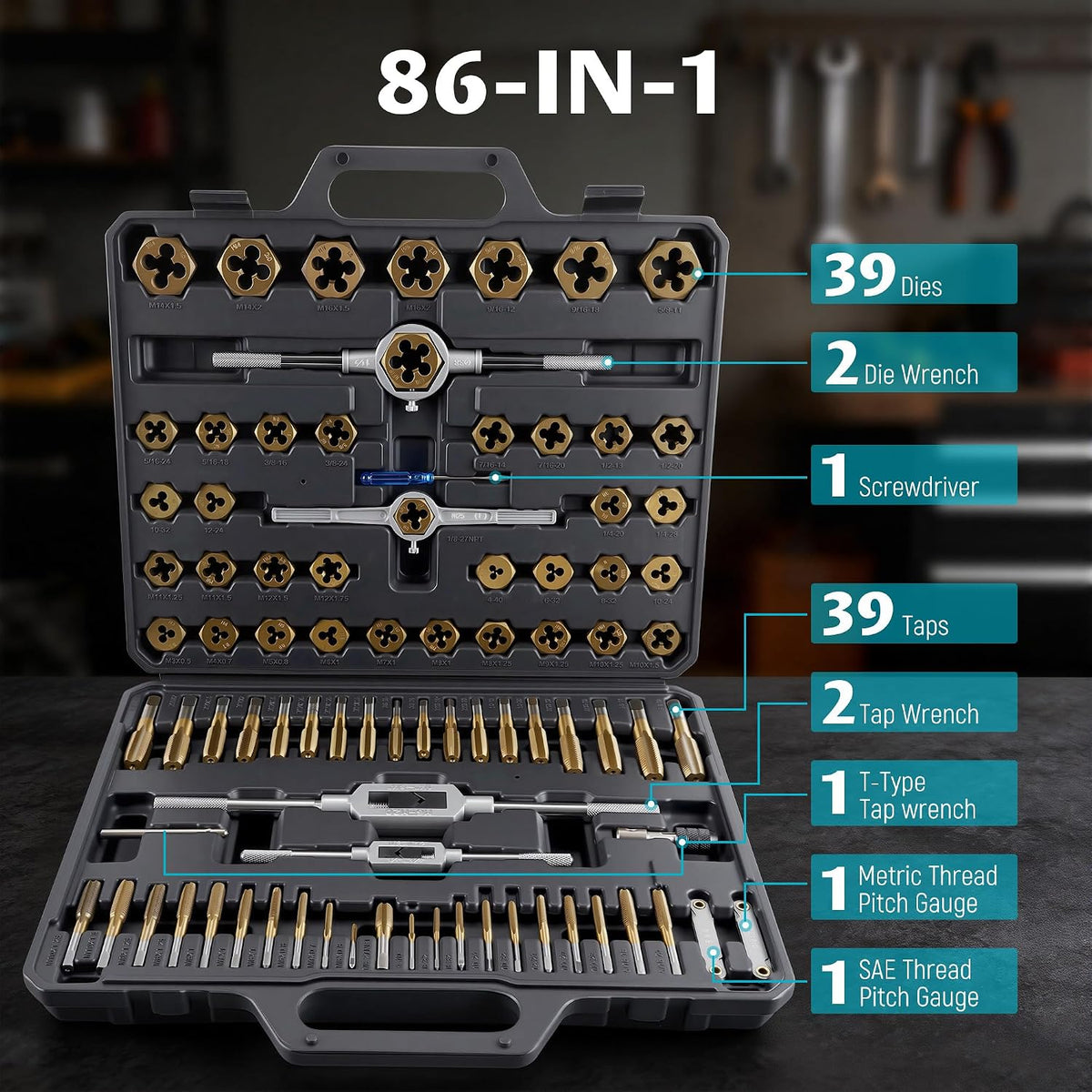 Anfrere 86pcs Tap and Die Set in SAE & Metric Sizes