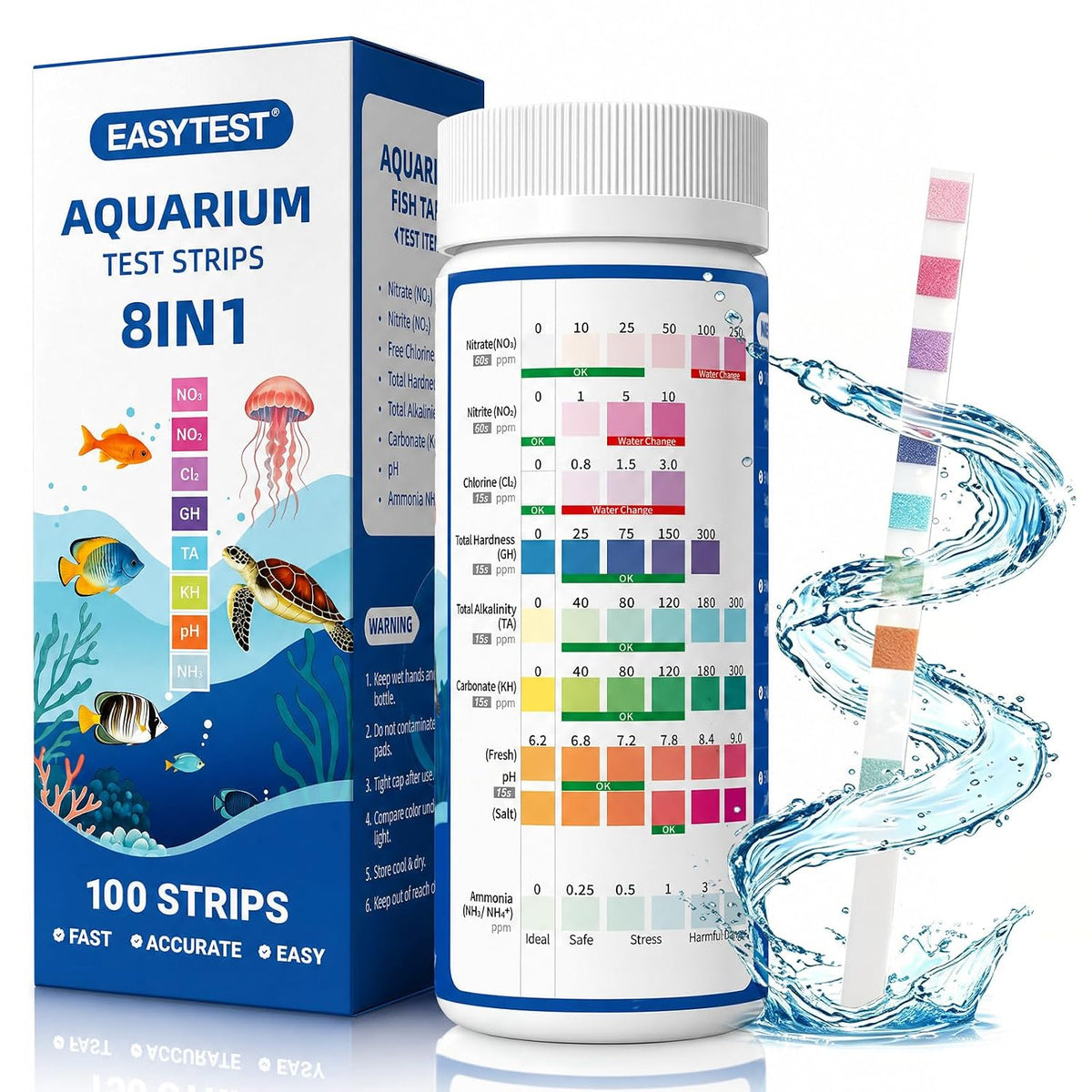 8-Way Aquarium Test Strips with Ammonia, 100PCS Fish Tank Test Kit