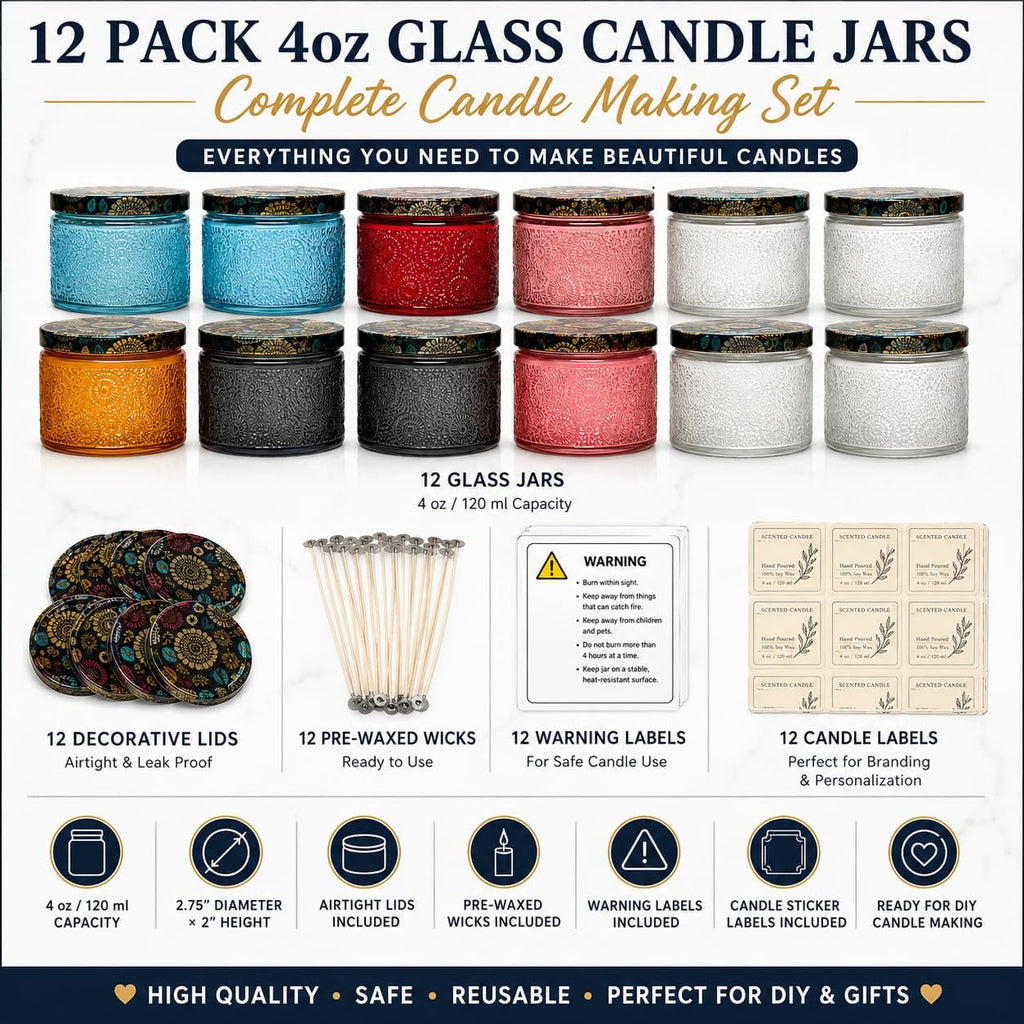12-Pack 4oz (120ml) Embossed Glass Candle Jars with Lids, Labels & Wicks - Empty Candle Containers for Candle Making