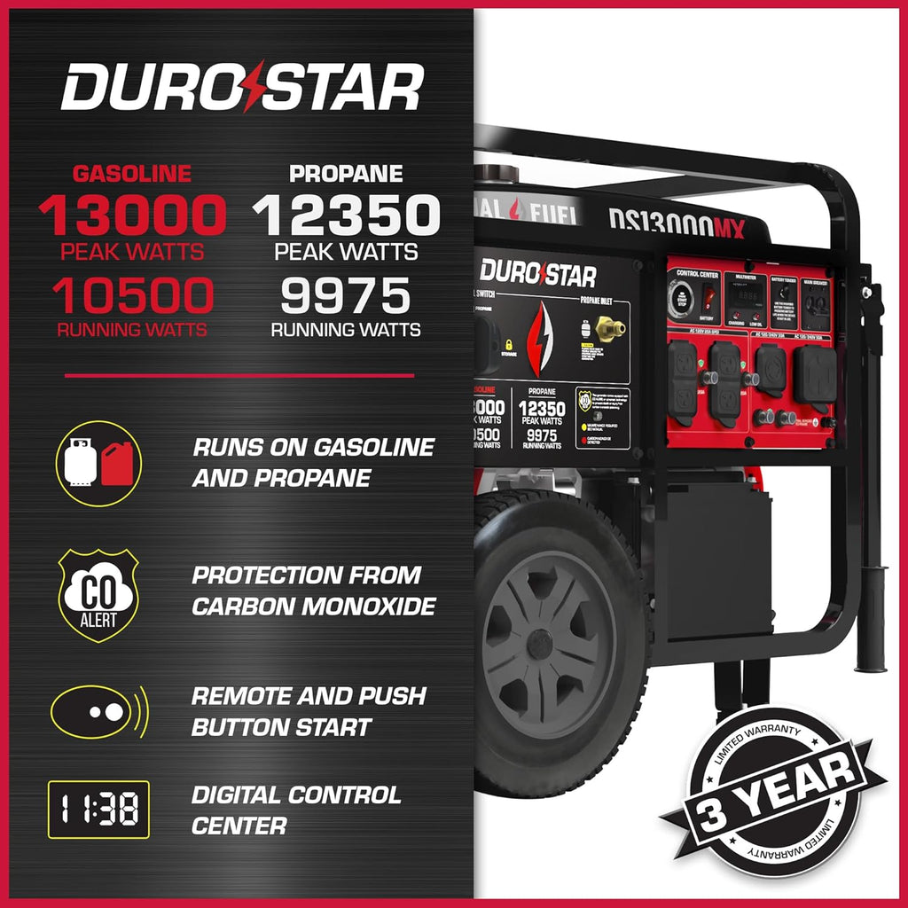 DS13000MX 13,000-Watt 500cc Dual Fuel Portable Generator - Gas and Propane, Remote Electric Start, Whole Home Power