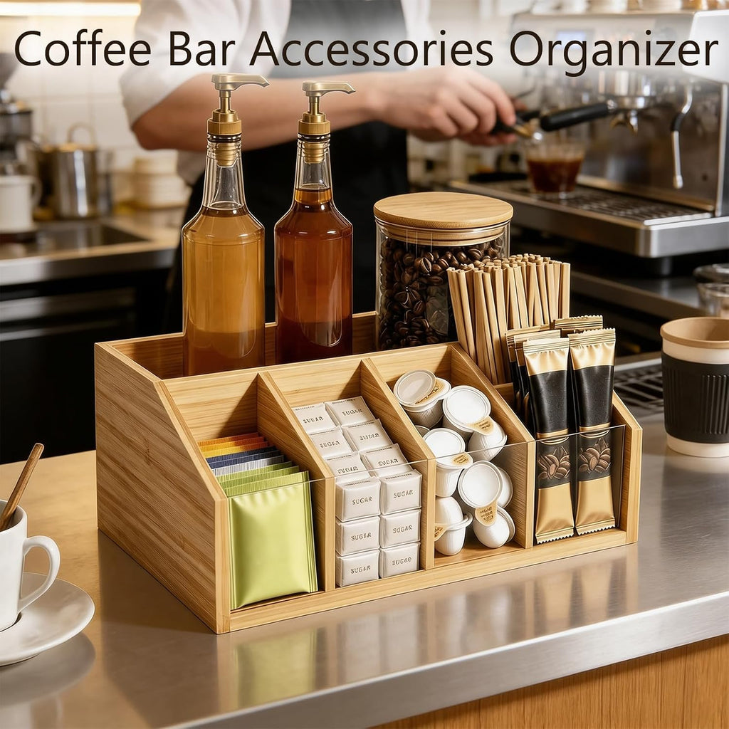 Bamboo Coffee Station Organizer for Countertop 6 Compartment Adjustable