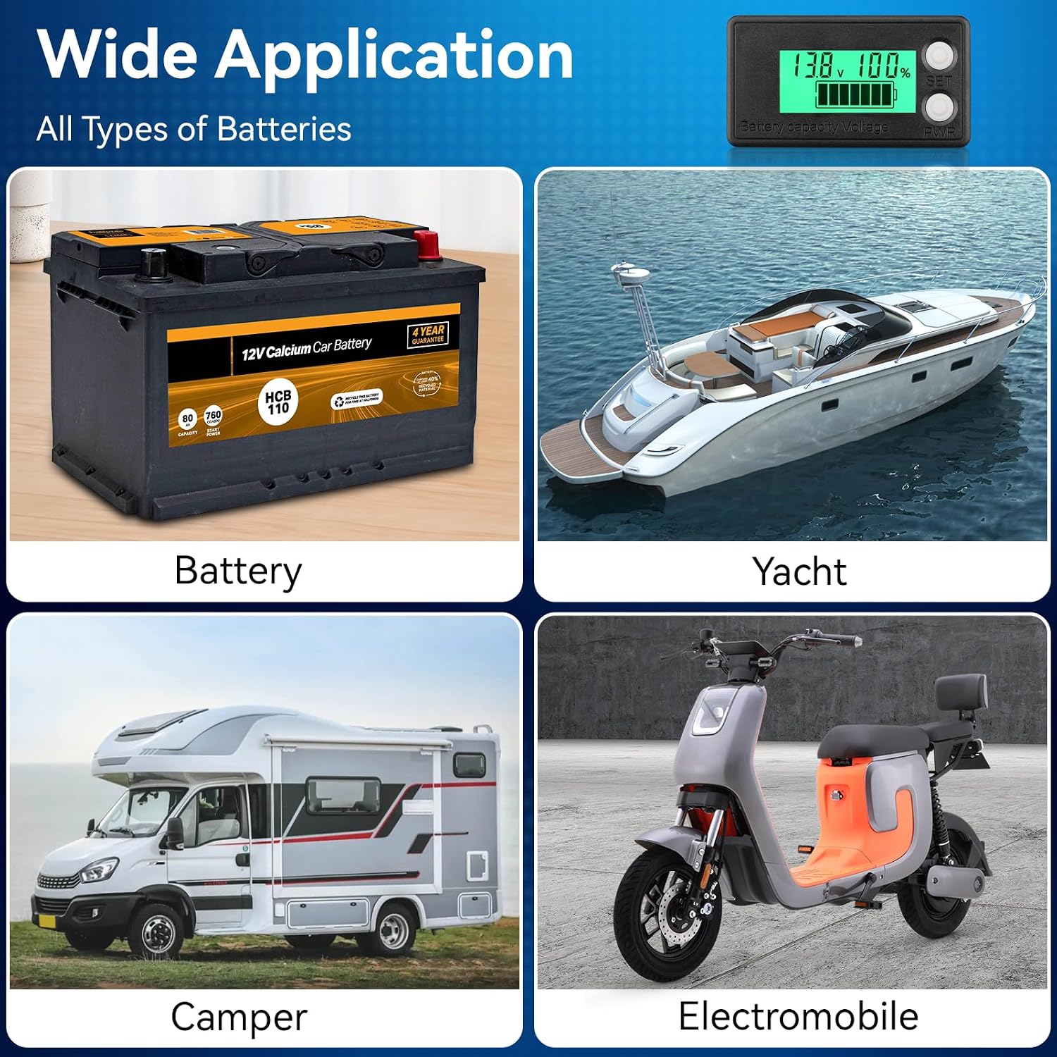 Waterproof Battery Monitor 12V 24V 36V 48V 72V Battery Meter 8-100V, Capacity Tester LCD Display with Green