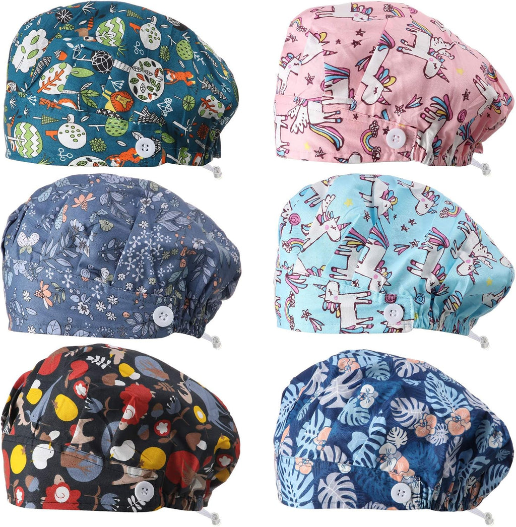 6 Pieces Button Bouffant Surgical Caps Nursing Hats Adjustable Printed Sweatband Working Caps for Women Men Nursing