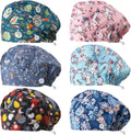 6 Pieces Button Bouffant Surgical Caps Nursing Hats Adjustable Printed Sweatband Working Caps for Women Men Nursing