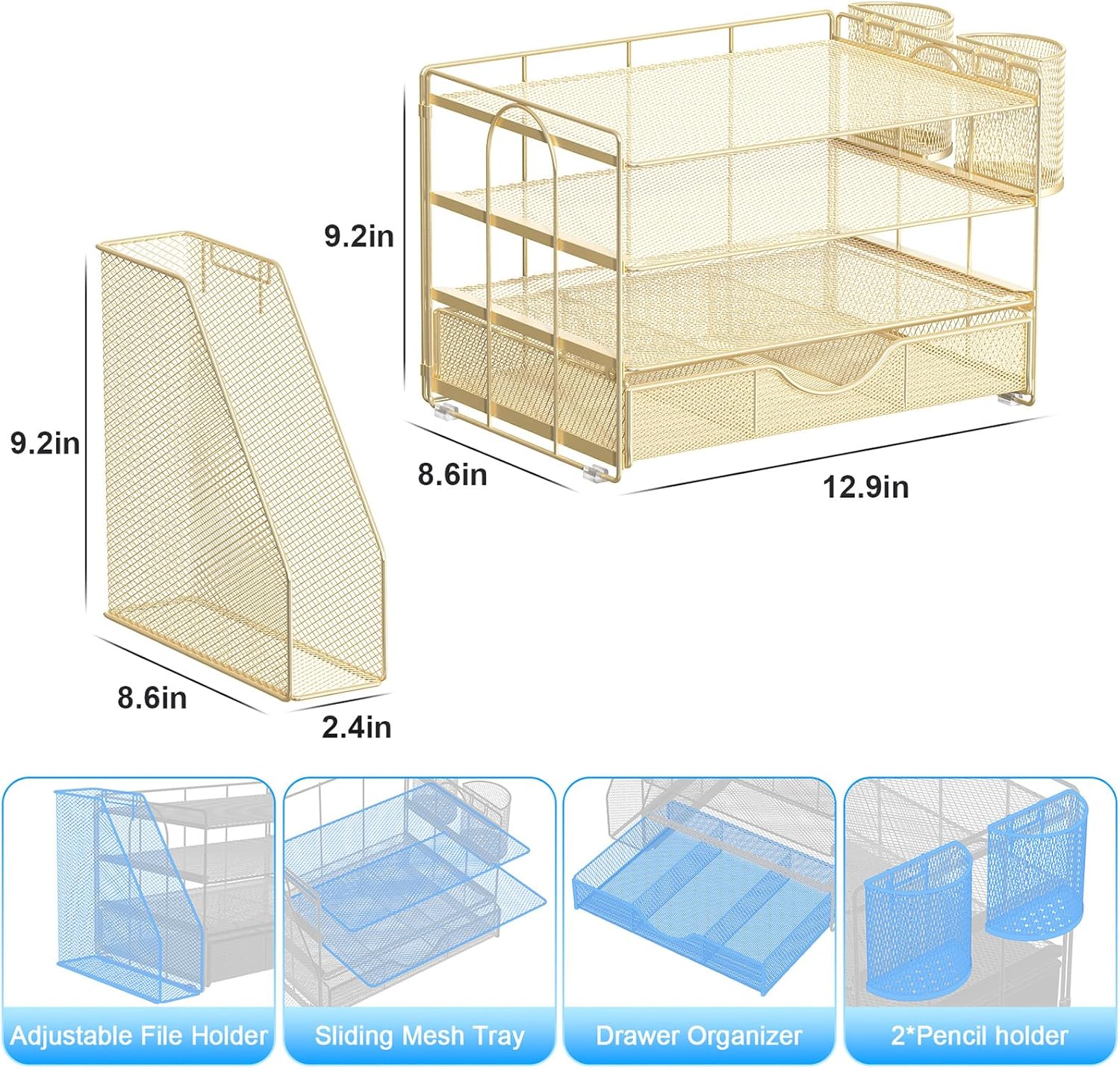 Desk Organizers and Accessories with File Holder, 4-Tier Desk Accessories & Workspace Organizers with Drawer and 2