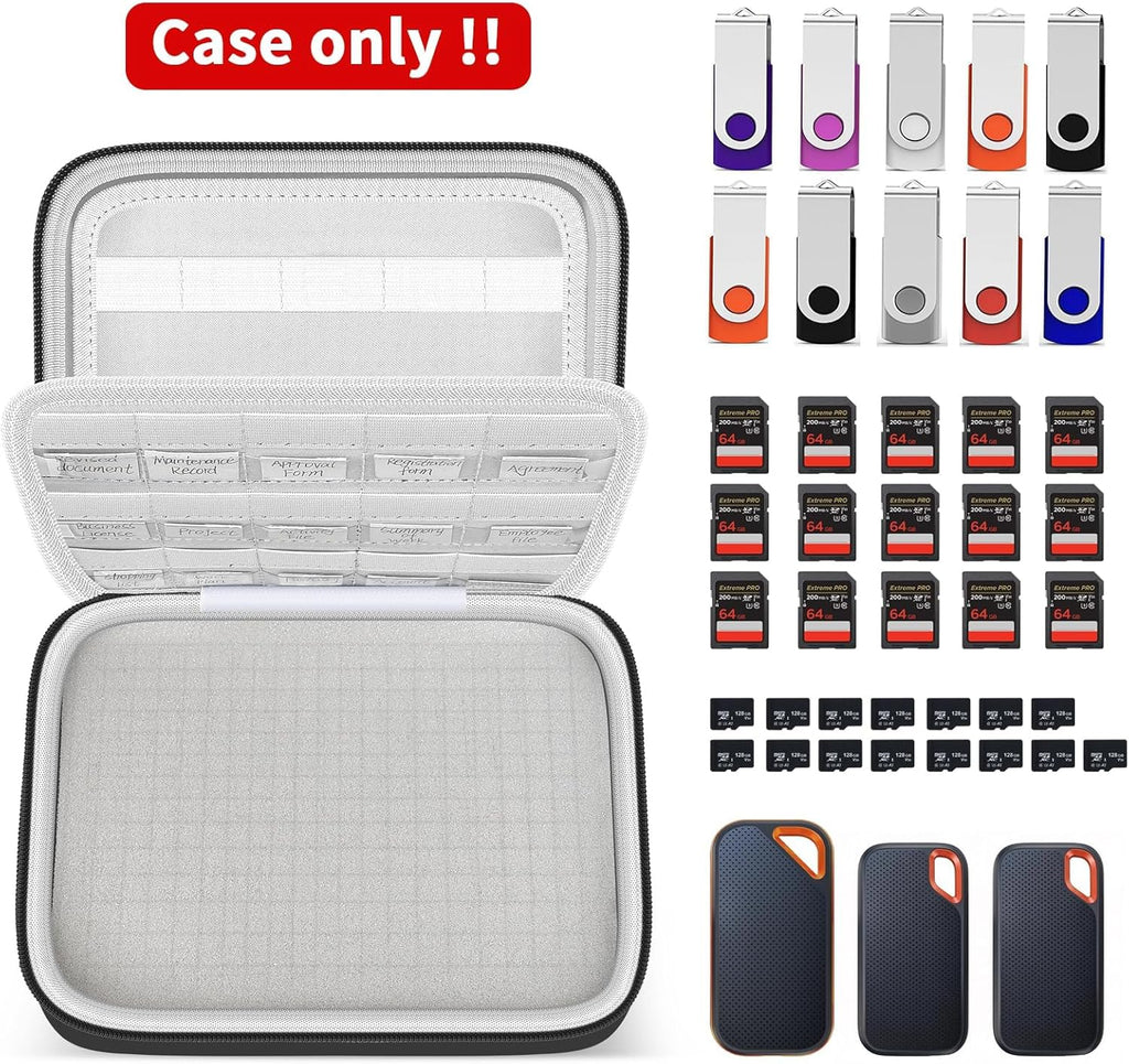 Hard Drive Case with DIY Foam for SanDisk for Samsung for Seagate | Dual DIY Sponge Layers, 30 SD Card Slots with