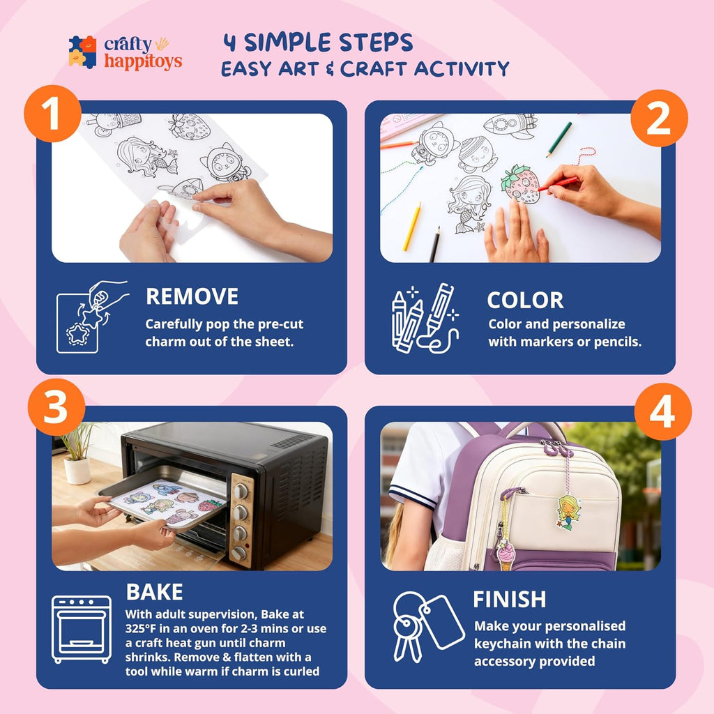 Shrink Art Sheets - Craft Kit for Kids - Art and Craft for Kids - Shrink Plastic Sheets with 30 Pre Cut Charms - DIY