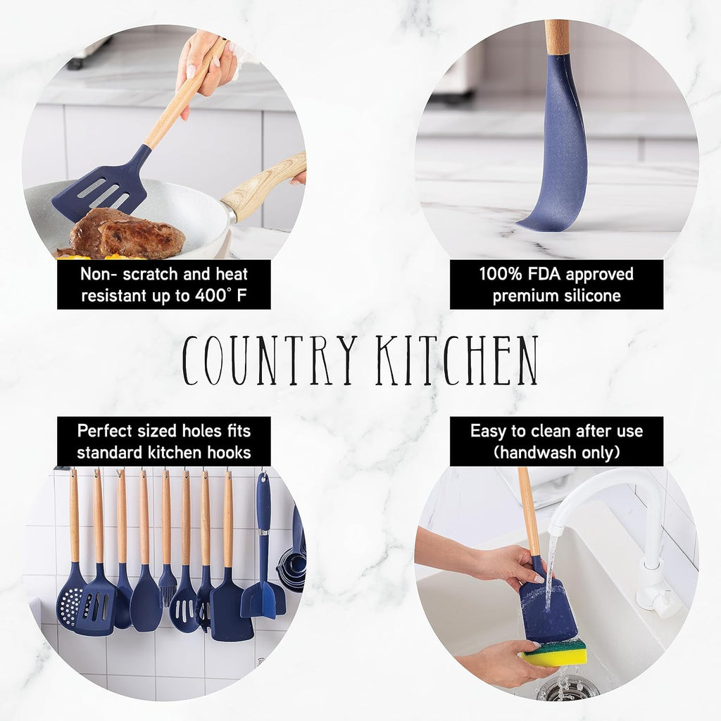 Non Stick Silicone Utensil Set with Rounded Wood Handles for Cooking and Baking, 38 Piece Set, Navy