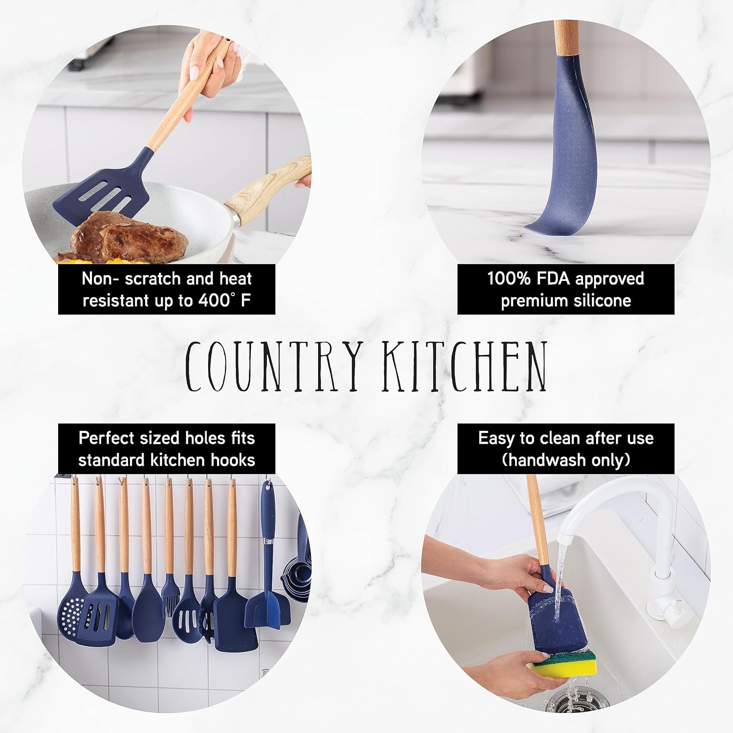 Non Stick Silicone Utensil Set with Rounded Wood Handles for Cooking and Baking, 38 Piece Set, Navy