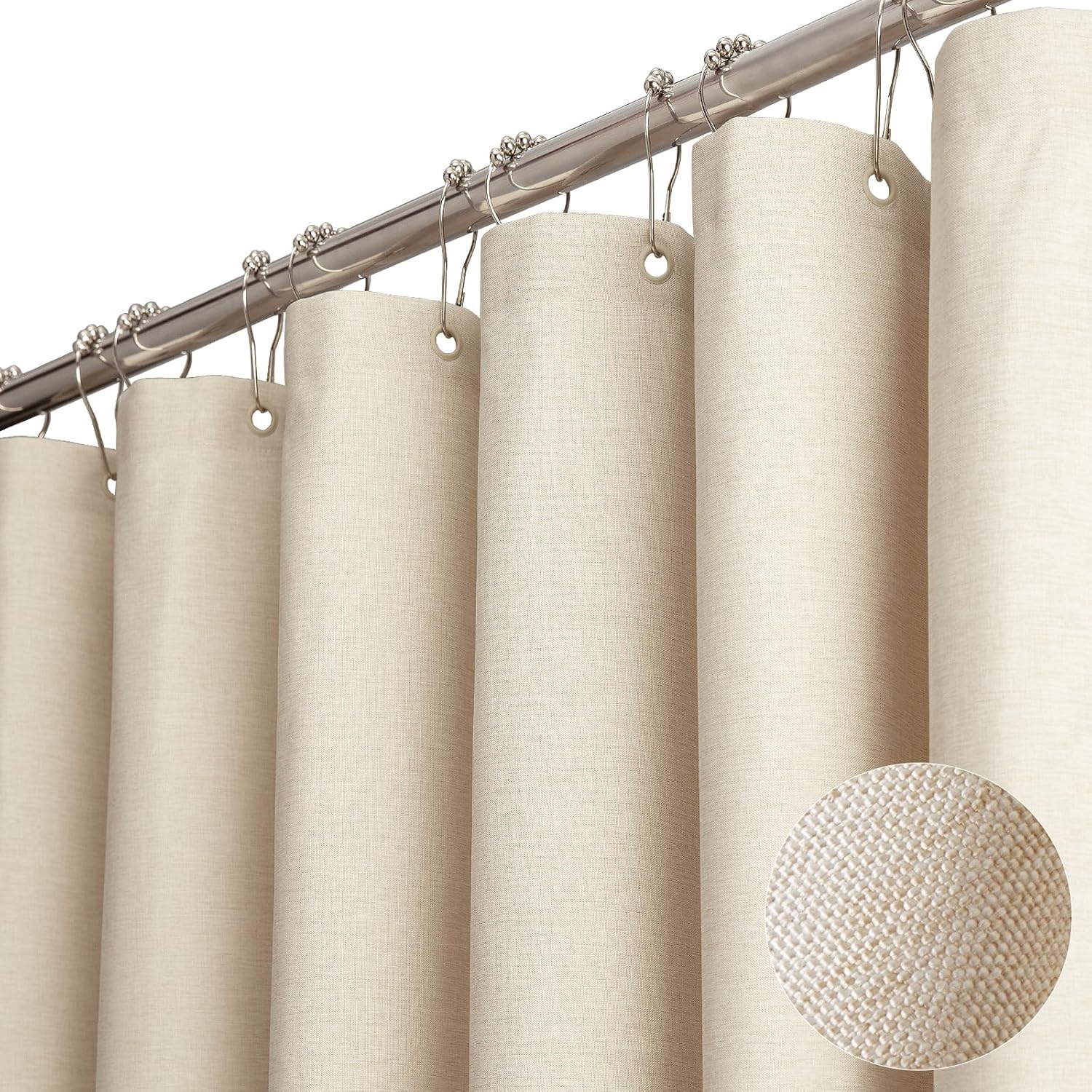 Beige Linen Textured Waterproof Fabric Shower Curtain, 72x72, Cream | 230GSM Polyester, Heavy Duty Cloth, Weighted