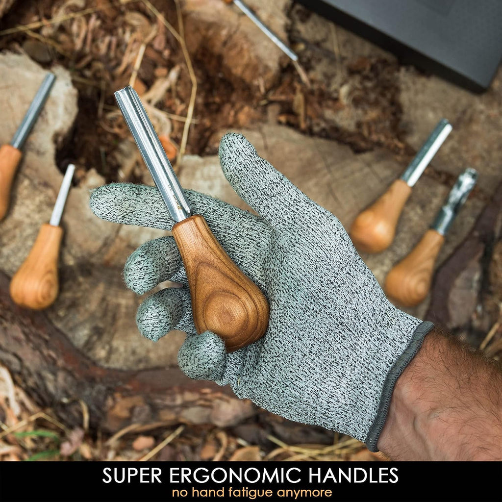 Wood Carving Gouges Kit SC05 - Wood Carving Chisels Set with Palm Gouge & Flat Straight Chisel, Rounded Short Bent