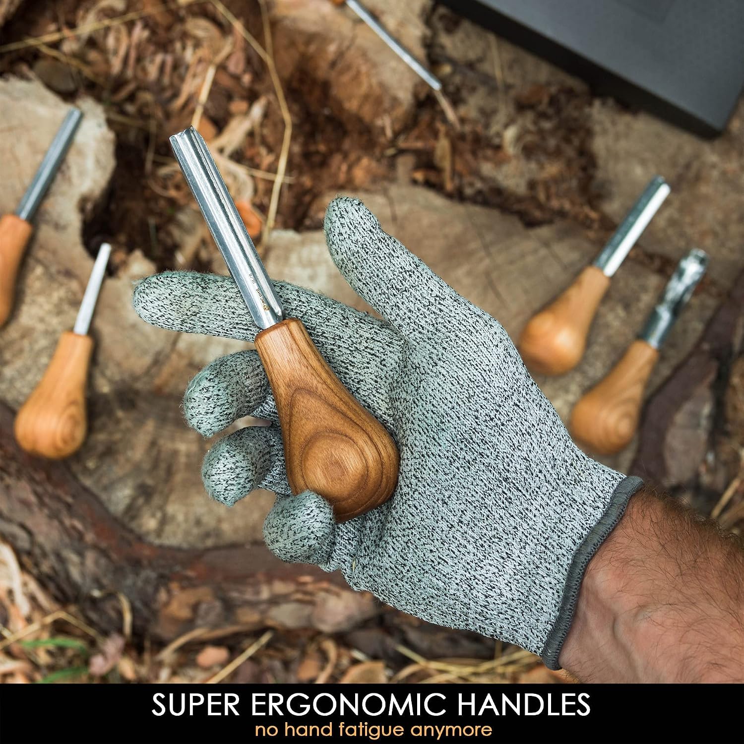 Wood Carving Gouges Kit SC05 - Wood Carving Chisels Set with Palm Gouge & Flat Straight Chisel, Rounded Short Bent