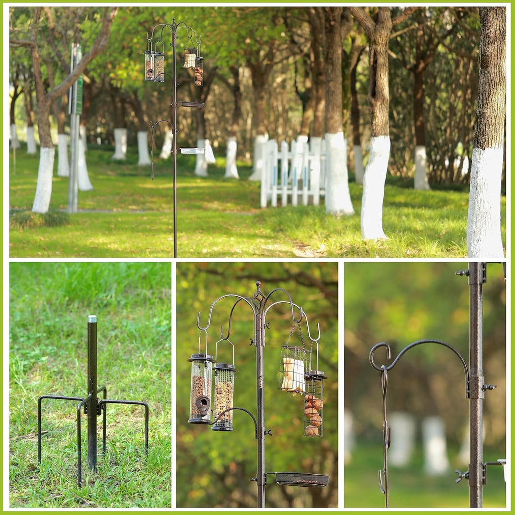 Bird Feeder Station with Suet Cage & Water Bowl Fruit Hook- Adjustable Pole, 6 Hanging Hooks for Wild Birds, Outdoor