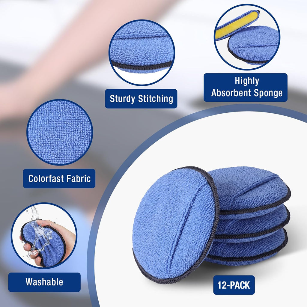 12-Pack Car Wax Applicator Pads with Finger Pocket, Microfiber Pad | Soft Foam Polishing Pads for Car Detailing &