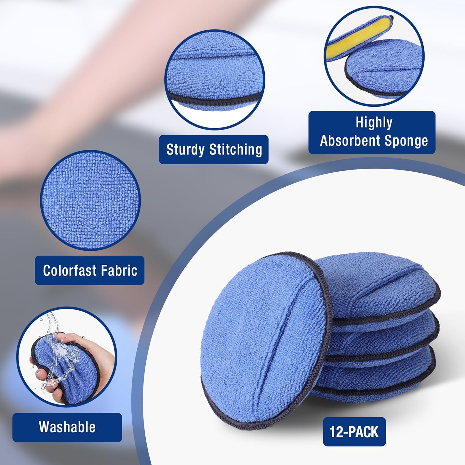 12-Pack Car Wax Applicator Pads with Finger Pocket, Microfiber Pad | Soft Foam Polishing Pads for Car Detailing &