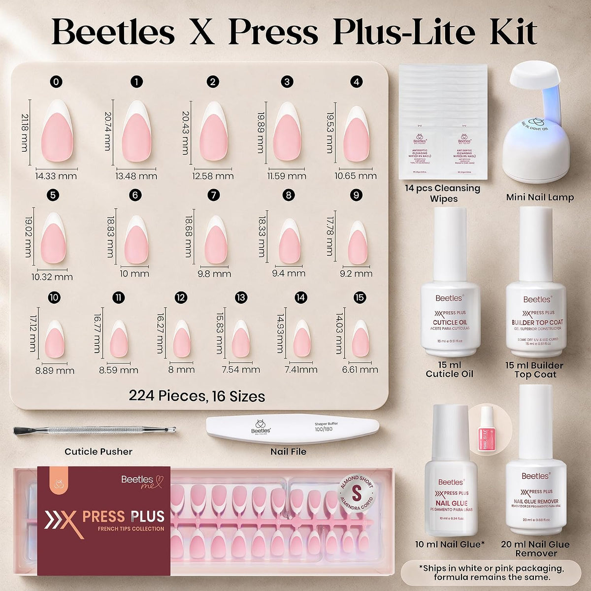 Beetles French Tip Press On Nail Kit- Short Almond 224Pcs Pink