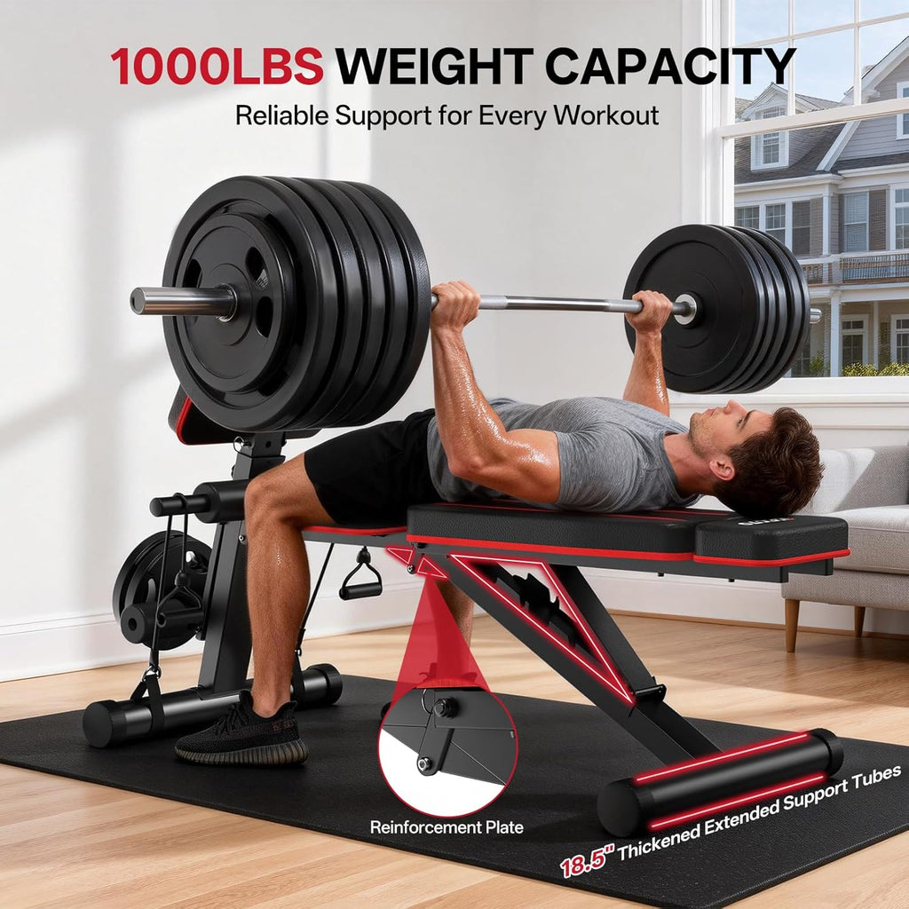 Adjustable Weight Bench for Home Gym, 1000 LBS Capacity, Foldable Incline Decline Flat Workout Bench with Leg