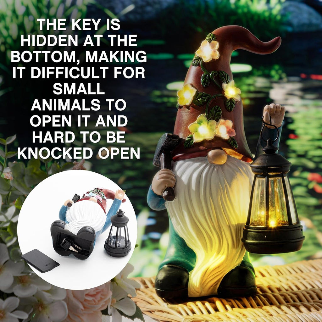 Gnome Hide a Key Outside Figurine Key Hider with Solar Light Yard | Resin Waterproof Garden Statue, Hidden Spare Key