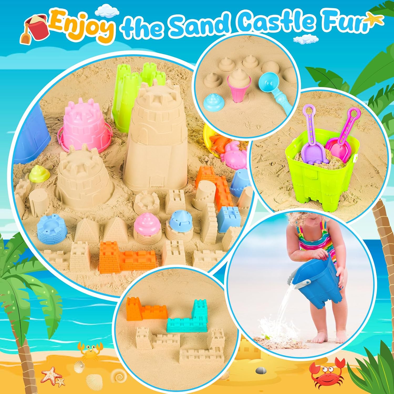 Beach Toys for Kids Toddlers, Sand Castle Toys with 4 Sand Bucket and Shovels, Mesh Bag & Molds, Ice Cream Travel
