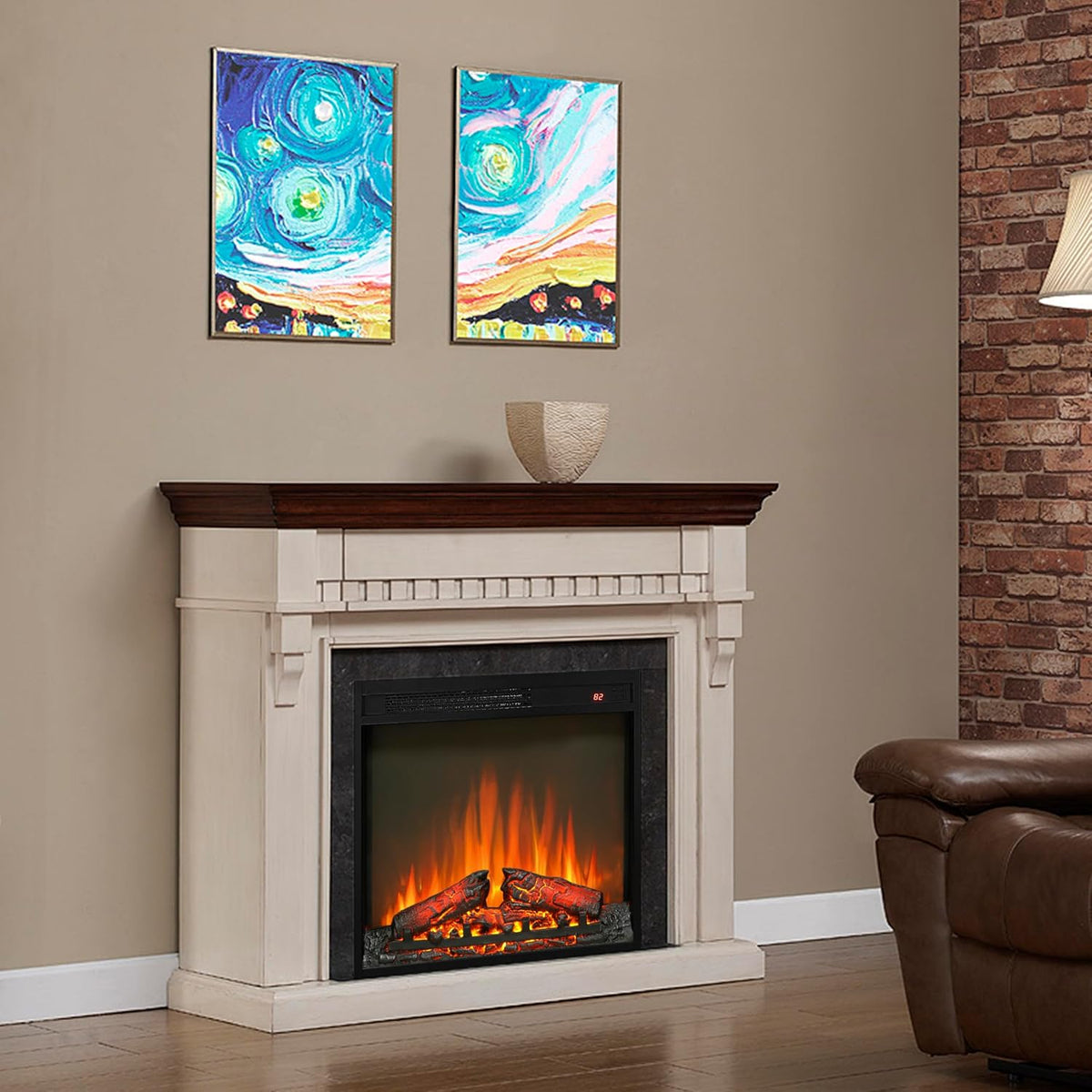 23" Electric Fireplace Insert, Fireplace Heater with Remote, Adjustable 4 Flame Brightness, Log Set, Low Noise, 8H