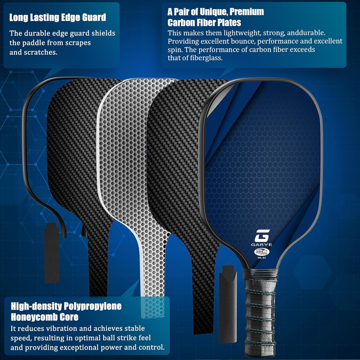 Pickleball Paddles Set of 2/4, USAPA Approved Carbon Fiber Pickleball Set, Lightweight Pickle Ball Rackets 2/4 Pack