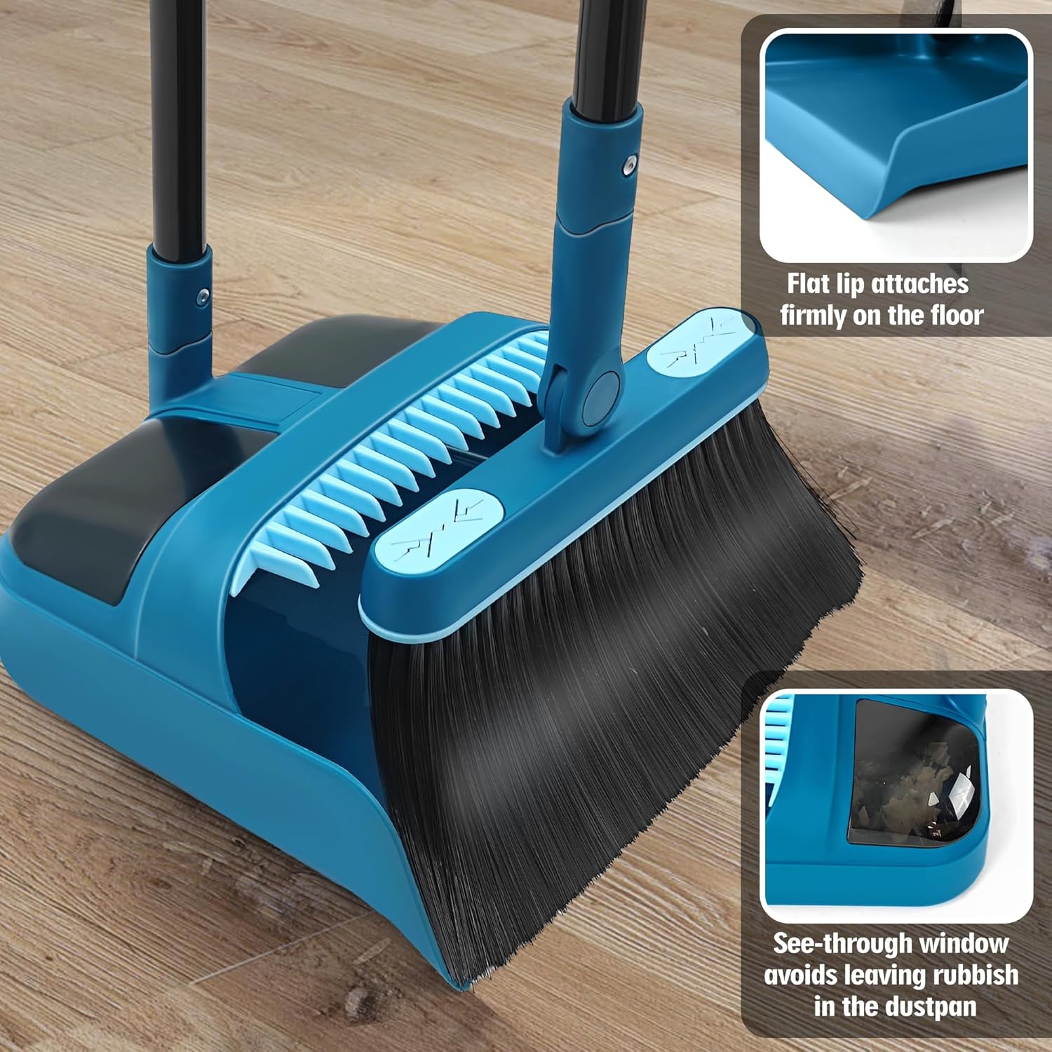 Dustpan and Brush Set, 54 inches Long Handle Swivel Broom, Upright Foldable Dust Pan with Comb Teeth for Home Kitchen
