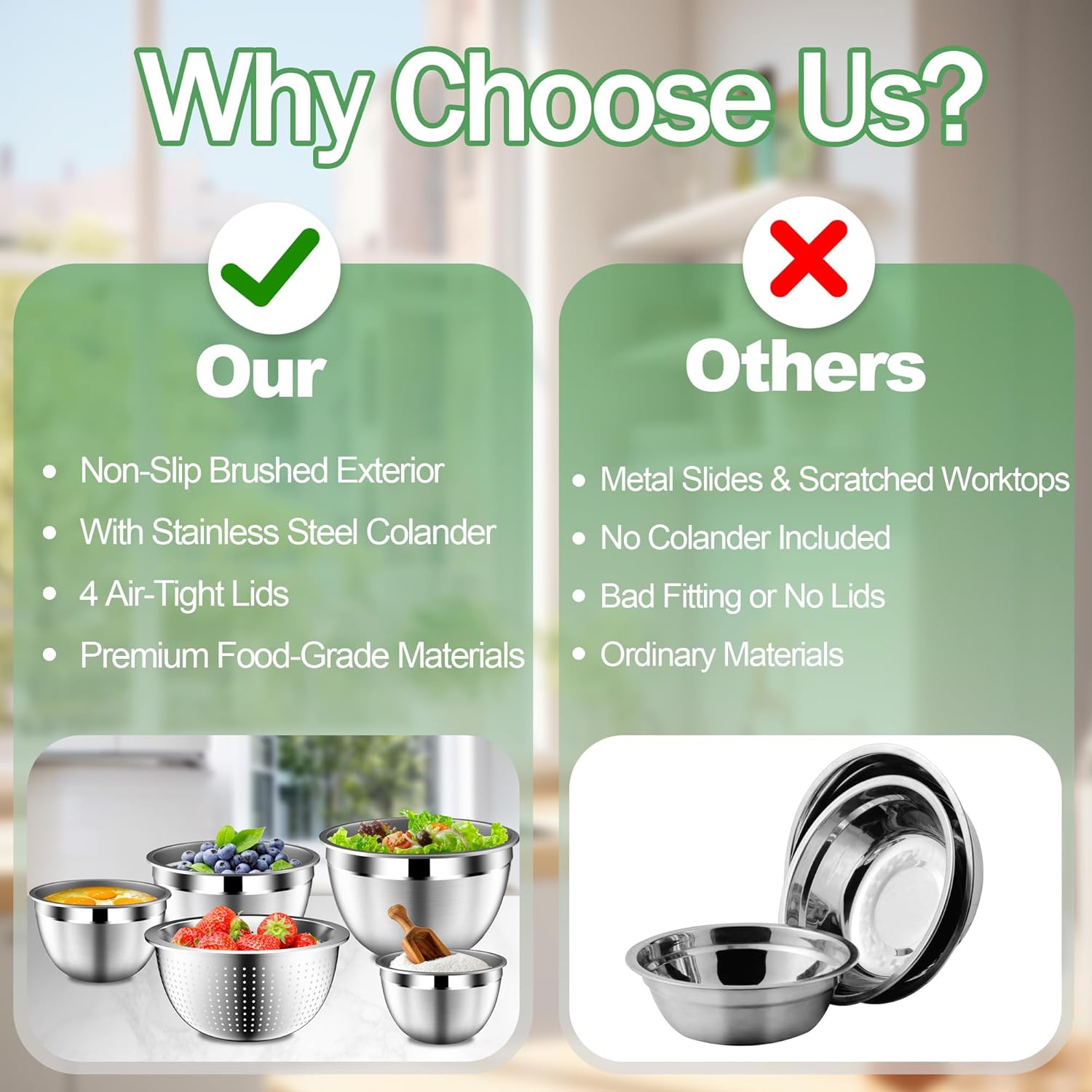 Mixing Bowls with Lids Set, Stainless Steel Mixing Bowls with Colander, Strainer with Mixing Bowl Set, Serving Bowl