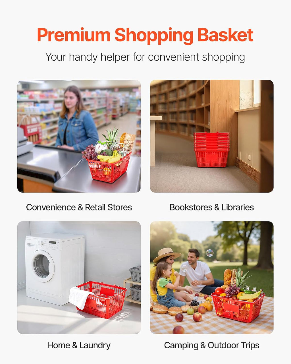 Shopping Baskets, 12 PCS, 21L Stackable PE Plastic Grocery Baskets with Metal Handles, Dense Mesh Structure, Holds up