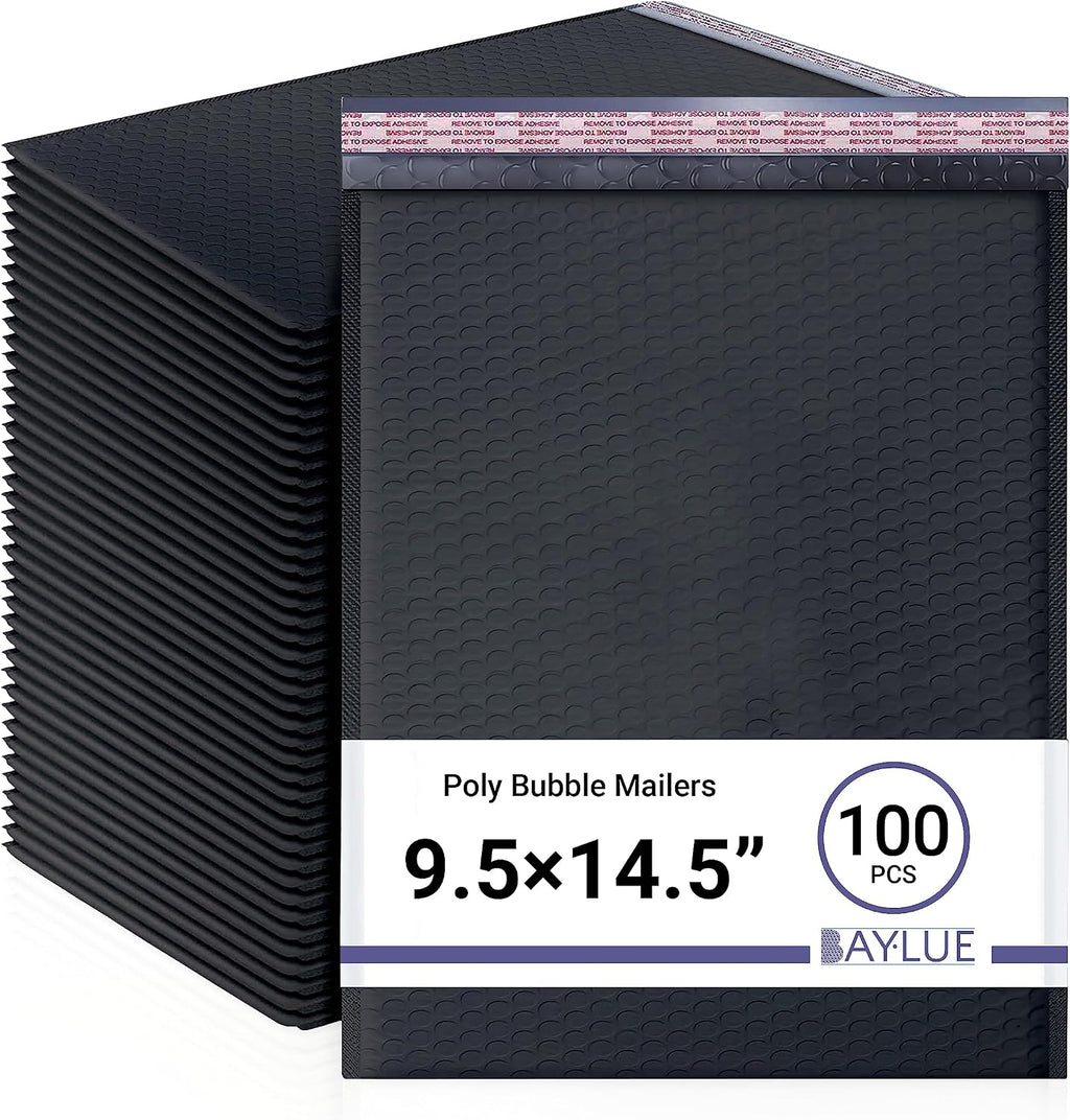Black Bubble Mailers 9.5x14.5, Self Seal Poly Padded Envelopes #4, 100 Pack