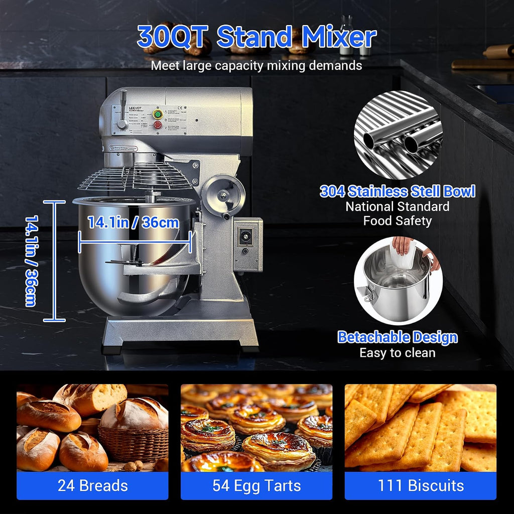 Commercial Food Mixer 30Qt, 3-Speed with Timer, 1250W