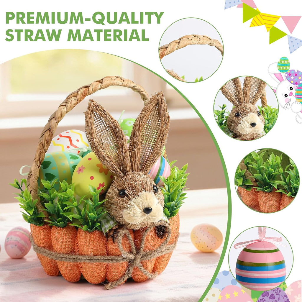 Easter Basket Decoration with Handle, Handmade Straw Bunnies, 12 Hanging Easter Eggs,Carrot Baskets for Easter Egg