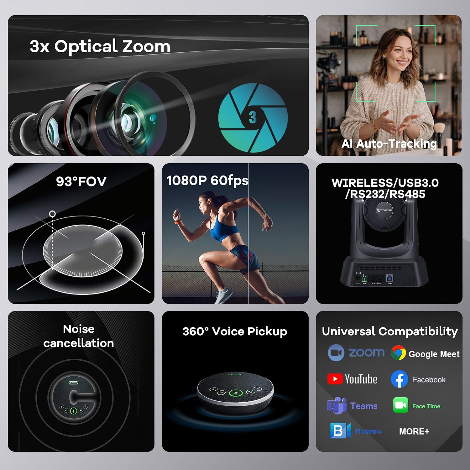 AI Wireless PTZ Camera System with Auto Tracking Built-in Receiver & Bluetooth Speakerphone, 5.8GHz 1080P 60fps