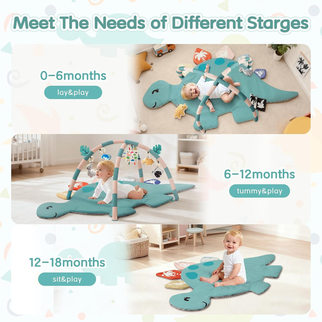 Baby Tummy Time Mat, Oversize Dinosaur Shaped Baby Play Gym Mat with 6 Toys, Play Mat for Babies 0-6-12 Months